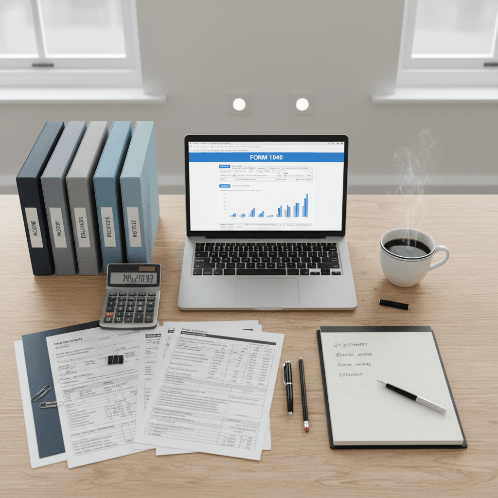 Overhead view of organized tax preparation workspace with documents, calculator, folders, and laptop