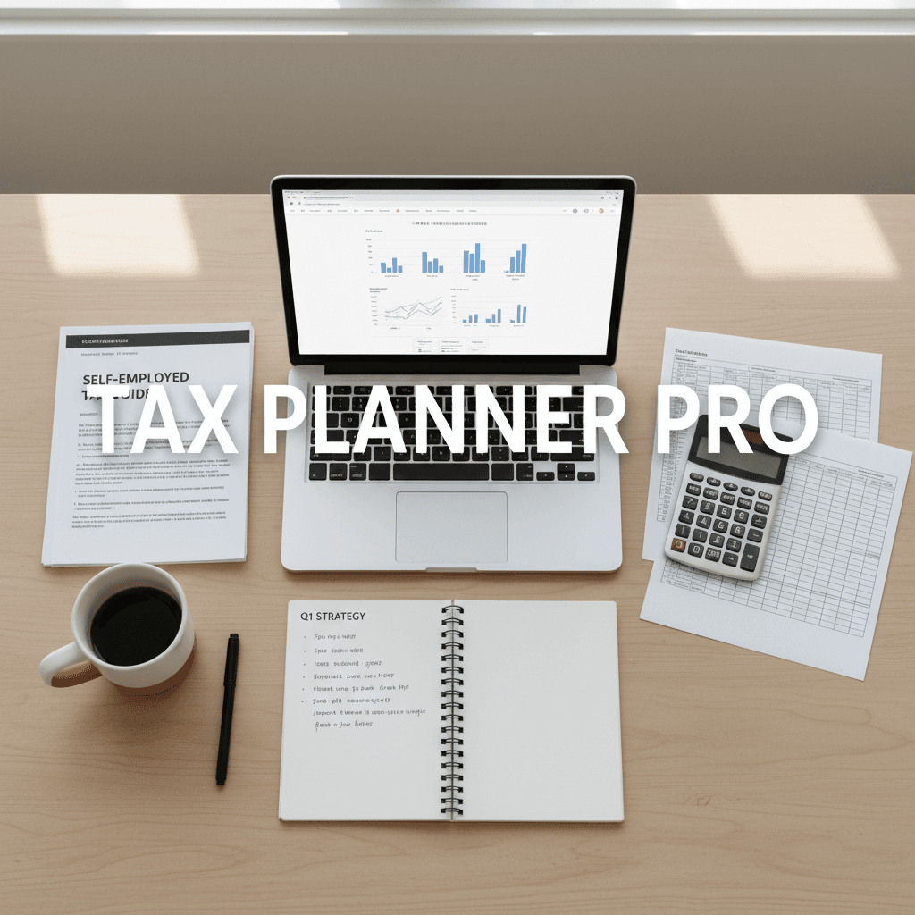 Overhead flat-lay of organized tax documents, calculator, laptop, and coffee on light wooden desk